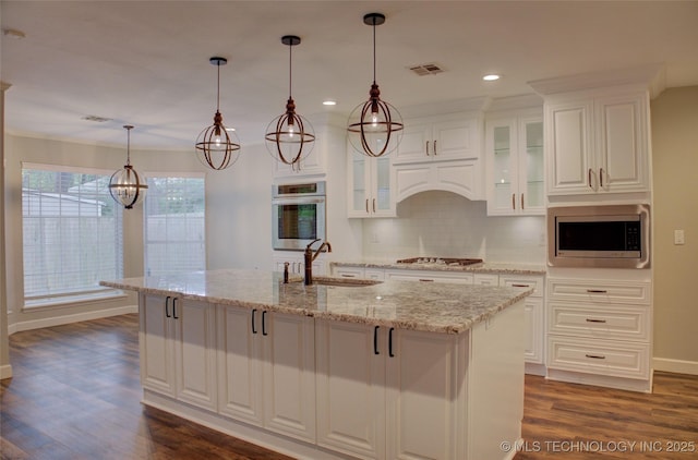 5512 S Columbia Ct, Tulsa, OK 74105 - kitchen featuring stainless steel appliances, dark wood-style floors, tasteful backsplash, white cabinetry, and recessed lighting