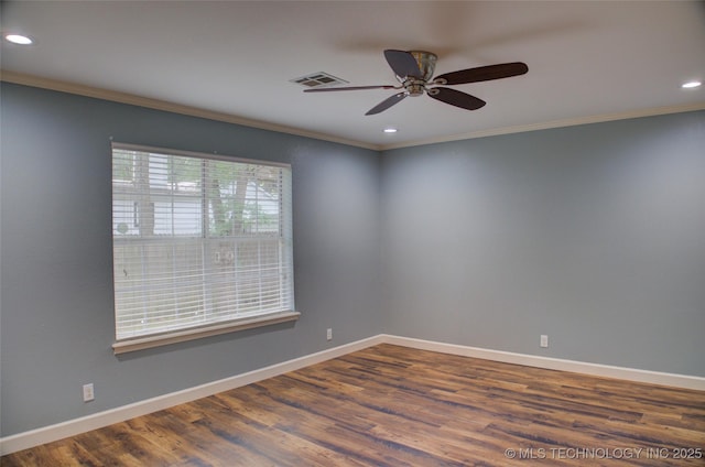 5512 S Columbia Ct, Tulsa, OK 74105 - empty room with crown molding, a ceiling fan, dark wood-style floors, and recessed lighting