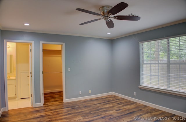 5512 S Columbia Ct, Tulsa, OK 74105 - empty room with crown molding, wood finished floors, a ceiling fan, and recessed lighting