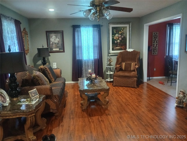 1122 Green St, Sallisaw, OK 74955 - living room with ceiling fan, wood finished floors, and recessed lighting