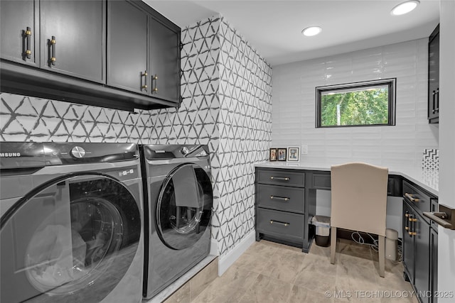 2227 E 26th Pl, Tulsa, OK 74114 - laundry room with cabinet space, washing machine and clothes dryer, and recessed lighting