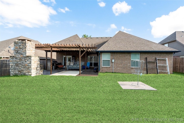 1908 E 133rd Ct, Bixby, OK 74008 - rear view of property with a pergola, a patio, a fenced backyard, and brick siding