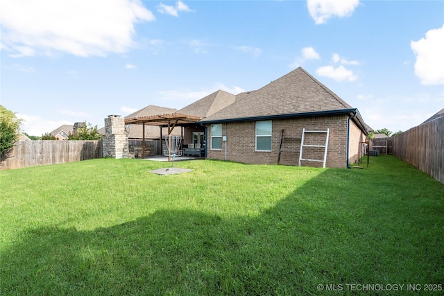1908 E 133rd Ct, Bixby, OK 74008 - rear view of house featuring a pergola, a fenced backyard, brick siding, and a shingled roof