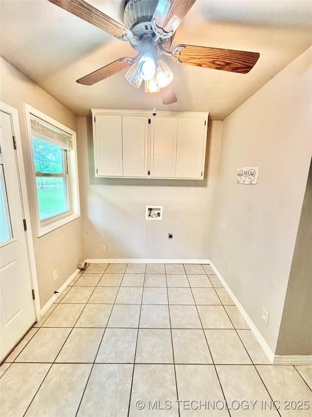 106 E Elk Rd, Whitefield, OK 74472 - laundry area with cabinet space, hookup for a washing machine, a ceiling fan, and light tile patterned floors