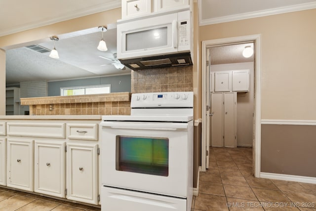 8202 S Ash Pl, Broken Arrow, OK 74011 - kitchen featuring white appliances, light tile patterned floors, a ceiling fan, tasteful backsplash, and crown molding