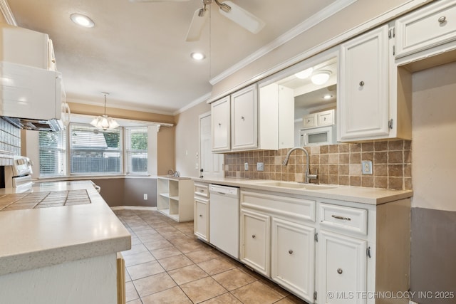 8202 S Ash Pl, Broken Arrow, OK 74011 - kitchen featuring white appliances, ornamental molding, decorative backsplash, a ceiling fan, and light countertops