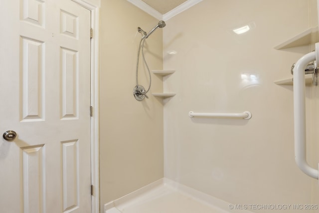 8202 S Ash Pl, Broken Arrow, OK 74011 - bathroom featuring crown molding and a shower