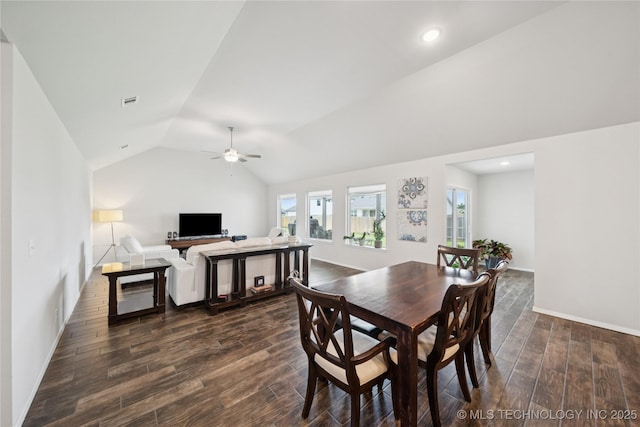 3117 W Winston St, Broken Arrow, OK 74011 - dining space with lofted ceiling, ceiling fan, dark wood-style flooring, and recessed lighting