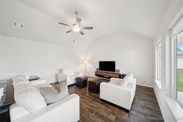 3117 W Winston St, Broken Arrow, OK 74011 - living room featuring a ceiling fan, vaulted ceiling, dark wood-style flooring, and healthy amount of natural light