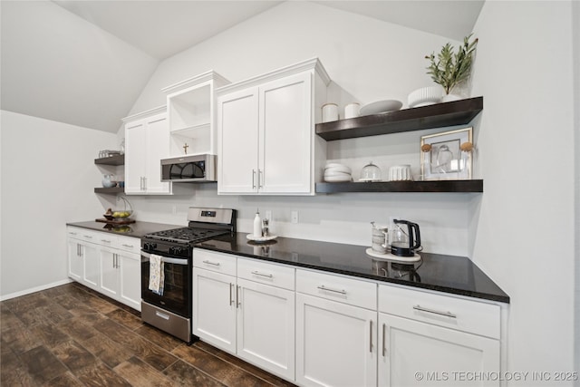 3117 W Winston St, Broken Arrow, OK 74011 - kitchen featuring open shelves, stainless steel appliances, vaulted ceiling, white cabinetry, and dark wood-style flooring