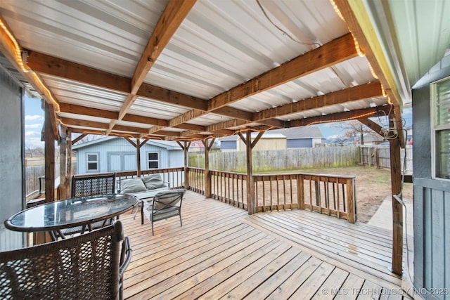 5101 S Spruce Dr, Sand Springs, OK 74063 - wooden terrace with a storage shed, a fenced backyard, and outdoor dining space