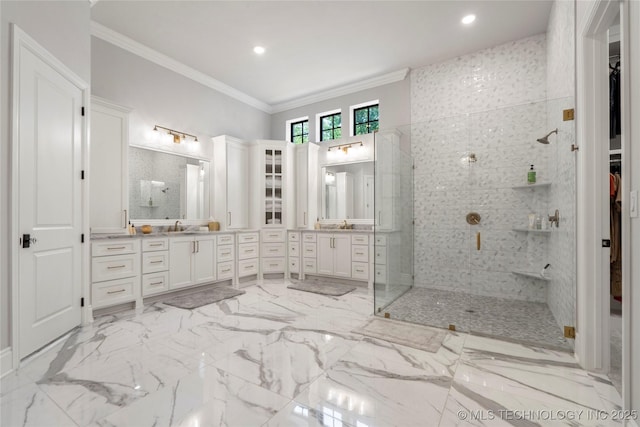 3207 E 44th St, Tulsa, OK 74105 - bathroom featuring vanity, crown molding, a stall shower, a spacious closet, and recessed lighting