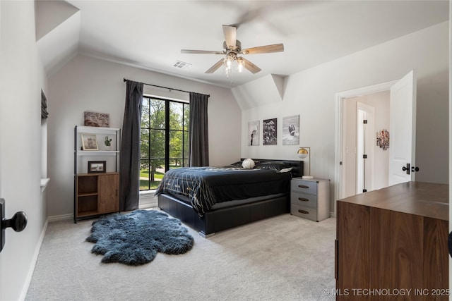 3207 E 44th St, Tulsa, OK 74105 - bedroom with light carpet, lofted ceiling, and a ceiling fan