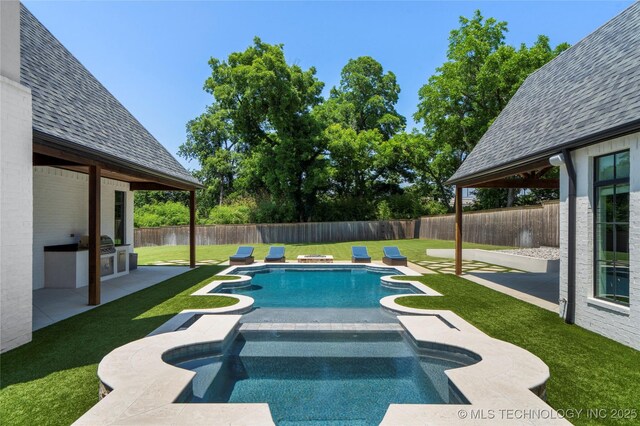 3207 E 44th St, Tulsa, OK 74105 - view of swimming pool with an in-ground hot tub, a fenced backyard, a patio, and area for grilling