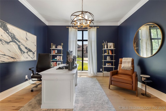 3207 E 44th St, Tulsa, OK 74105 - office featuring a chandelier, light wood-style flooring, and crown molding