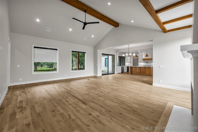 6364 N Blue Sage Dr, Owasso, OK 74055 - unfurnished living room featuring beamed ceiling, a ceiling fan, a chandelier, high vaulted ceiling, and light wood-style floors