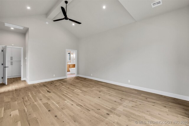 6364 N Blue Sage Dr, Owasso, OK 74055 - unfurnished bedroom with light wood-style floors, beamed ceiling, high vaulted ceiling, connected bathroom, and recessed lighting