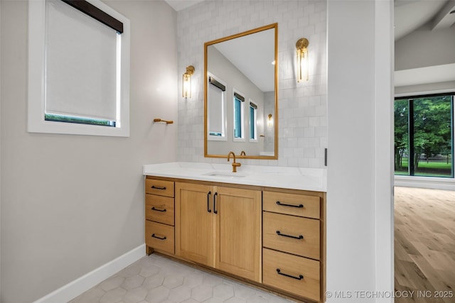 6364 N Blue Sage Dr, Owasso, OK 74055 - bathroom featuring vanity, backsplash, and tile patterned flooring