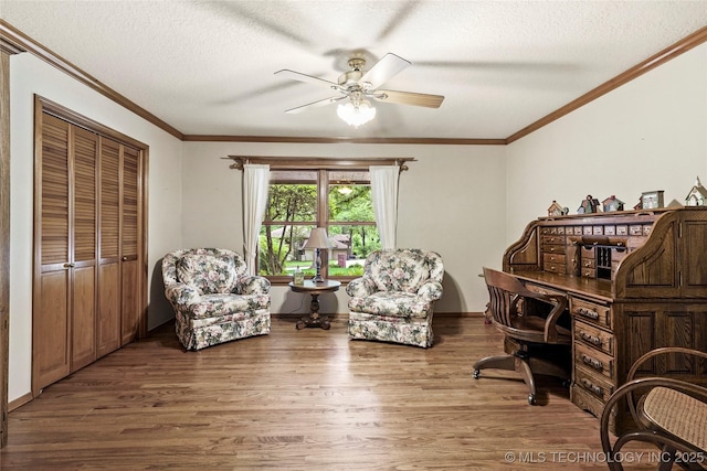 8609 S Joplin Ave, Tulsa, OK 74137 - office with wood finished floors, a ceiling fan, a textured ceiling, and crown molding