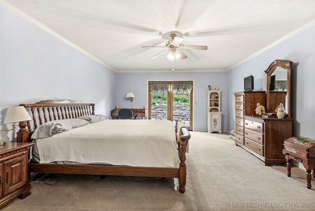 8609 S Joplin Ave, Tulsa, OK 74137 - bedroom featuring access to outside, crown molding, light carpet, and ceiling fan