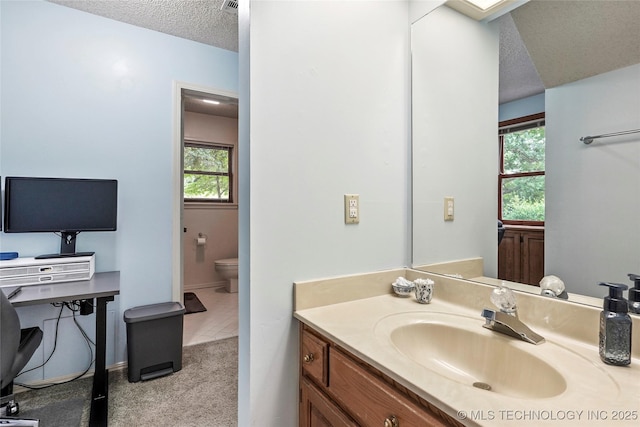 8609 S Joplin Ave, Tulsa, OK 74137 - bathroom with vanity, healthy amount of natural light, and a textured ceiling