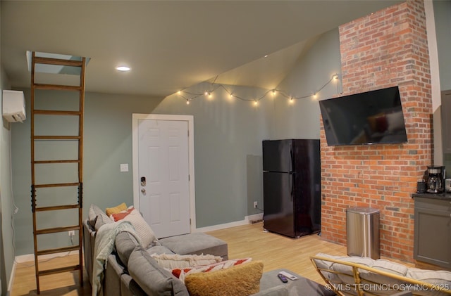 2328 S Delaware Ct, Tulsa, OK 74114 - living area with a wall mounted air conditioner, light wood-style flooring, recessed lighting, and lofted ceiling
