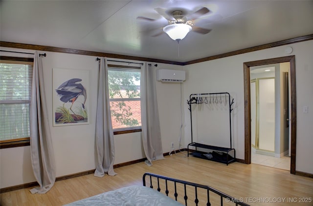 2328 S Delaware Ct, Tulsa, OK 74114 - bedroom with a wall mounted AC, light wood finished floors, and a ceiling fan