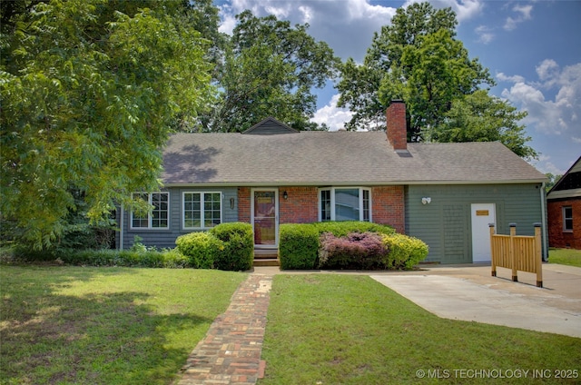 2328 S Delaware Ct, Tulsa, OK 74114 - view of front of house featuring a front yard, a chimney, and a shingled roof