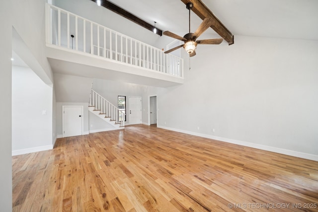 7927 S 86th E Ave, Tulsa, OK 74133 - unfurnished living room with light wood-style flooring, high vaulted ceiling, stairs, ceiling fan, and beam ceiling