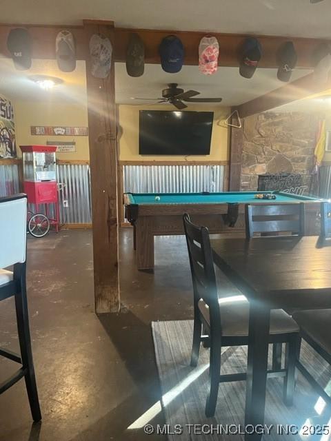 251 Greer Rd, Longtown, OK 74432 - rec room featuring concrete flooring, pool table, and a ceiling fan