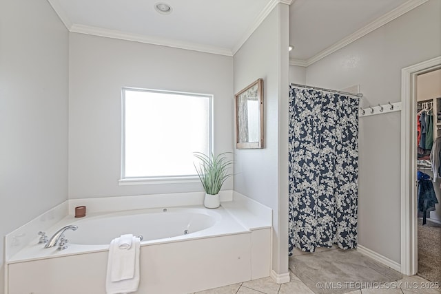 330 Loma Vista Ln, Skiatook, OK 74070 - bathroom featuring a garden tub, a shower with shower curtain, crown molding, a walk in closet, and tile patterned flooring