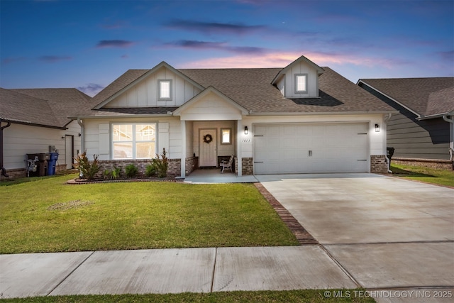 1813 E Van Buren Pl, Broken Arrow, OK 74011 - view of front of home with a garage, concrete driveway, a front yard, a shingled roof, and board and batten siding