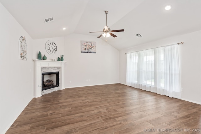 1813 E Van Buren Pl, Broken Arrow, OK 74011 - unfurnished living room with a ceiling fan, vaulted ceiling, wood finished floors, a fireplace, and recessed lighting