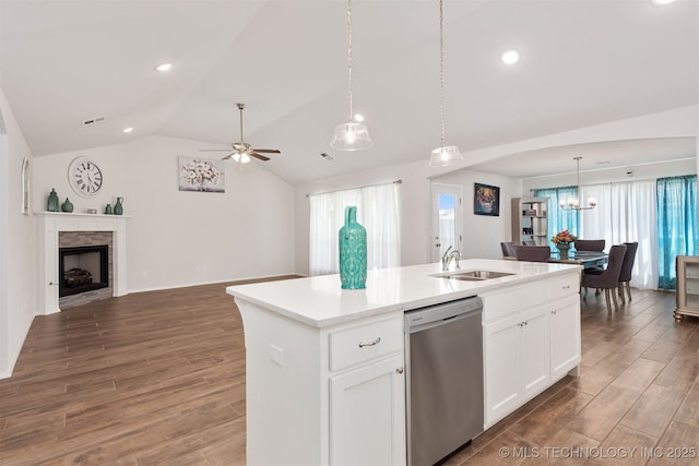 1813 E Van Buren Pl, Broken Arrow, OK 74011 - kitchen with dishwasher, open floor plan, lofted ceiling, a chandelier, and a kitchen island with sink