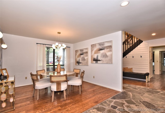 8504 S Winston Ave, Tulsa, OK 74137 - dining room featuring wood finished floors, stairs, a chandelier, and recessed lighting