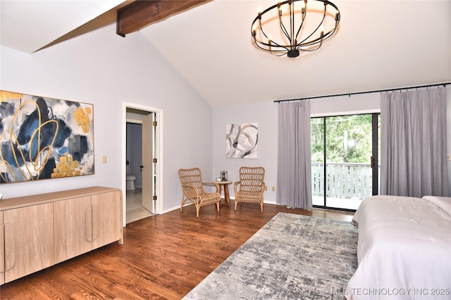 8504 S Winston Ave, Tulsa, OK 74137 - bedroom with access to outside, dark wood finished floors, beam ceiling, high vaulted ceiling, and ensuite bathroom