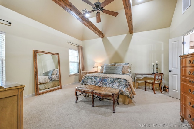 4733 S 167th E Pl, Tulsa, OK 74134 - bedroom with high vaulted ceiling, light colored carpet, beamed ceiling, and a ceiling fan