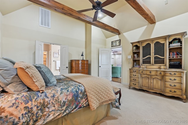 4733 S 167th E Pl, Tulsa, OK 74134 - bedroom featuring light colored carpet, beamed ceiling, high vaulted ceiling, ensuite bathroom, and ceiling fan