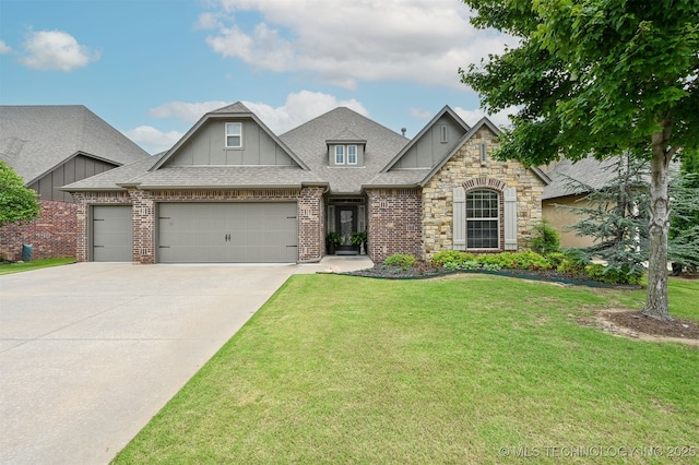 4733 S 167th E Pl, Tulsa, OK 74134 - view of front facade with board and batten siding, a front yard, an attached garage, driveway, and roof with shingles