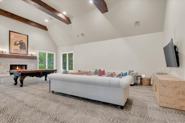 20565 E Clear Brook Rd, Owasso, OK 74055 - living room with carpet flooring, beamed ceiling, billiards, a fireplace, and high vaulted ceiling