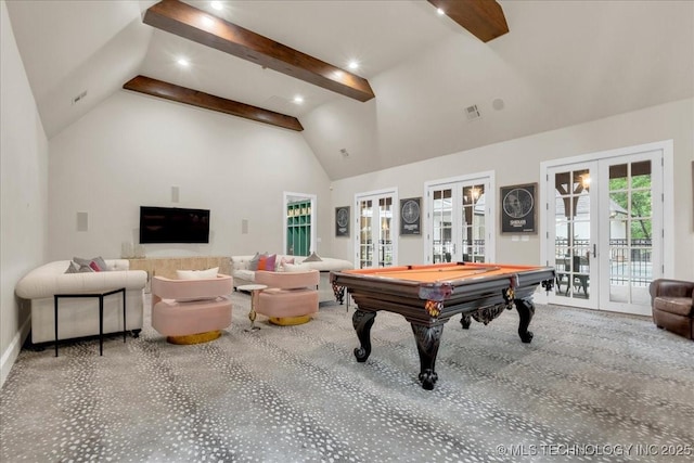 20565 E Clear Brook Rd, Owasso, OK 74055 - game room featuring french doors, carpet flooring, billiards, high vaulted ceiling, and beamed ceiling