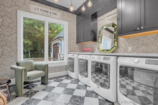 20565 E Clear Brook Rd, Owasso, OK 74055 - laundry area with separate washer and dryer, cabinet space, and wallpapered walls
