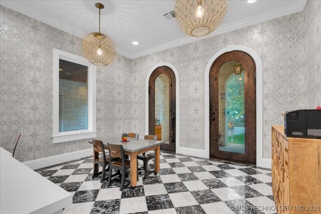 20565 E Clear Brook Rd, Owasso, OK 74055 - dining area with arched walkways and ornamental molding