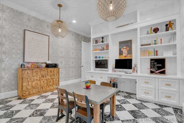 20565 E Clear Brook Rd, Owasso, OK 74055 - dining room featuring ornamental molding, built in features, and wallpapered walls