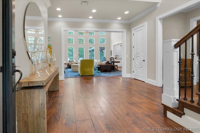 20565 E Clear Brook Rd, Owasso, OK 74055 - foyer with crown molding, wood-type flooring, stairway, and recessed lighting