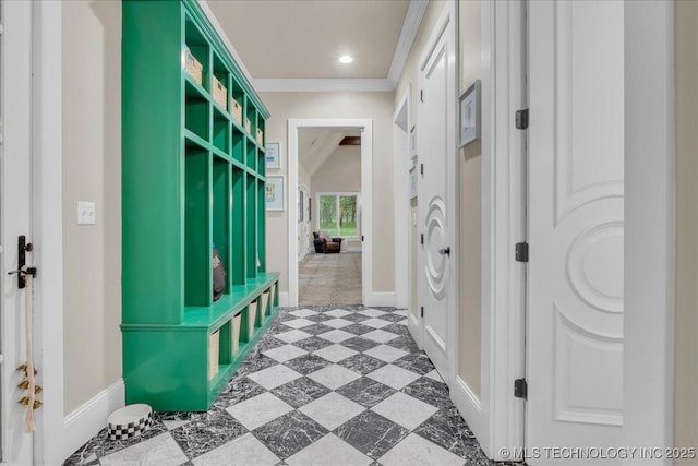20565 E Clear Brook Rd, Owasso, OK 74055 - mudroom with crown molding and baseboards