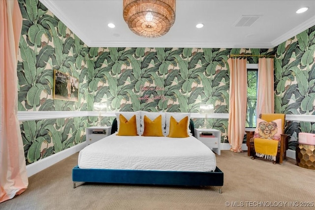 20565 E Clear Brook Rd, Owasso, OK 74055 - bedroom with ornamental molding, wallpapered walls, carpet, and recessed lighting