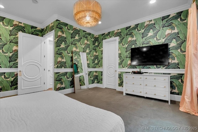 20565 E Clear Brook Rd, Owasso, OK 74055 - bedroom featuring ornamental molding, wallpapered walls, recessed lighting, and carpet flooring
