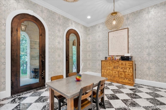 20565 E Clear Brook Rd, Owasso, OK 74055 - dining room with arched walkways, ornamental molding, and tile patterned floors