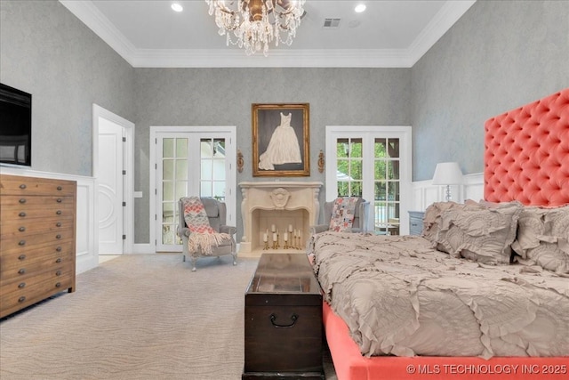20565 E Clear Brook Rd, Owasso, OK 74055 - carpeted bedroom featuring crown molding, a chandelier, access to outside, and recessed lighting